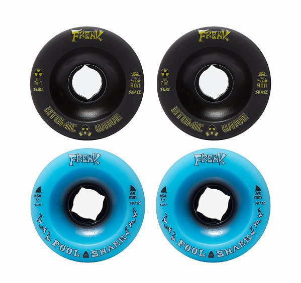Freak SurfSkate | Roda para skate simulador de surf 65mm | Combinação: 2 Pool Shark 85A Azul Clara e 2 Atomic Wave 90A Preta.