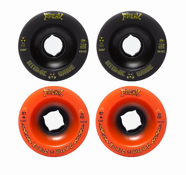 Freak SurfSkate | Roda para skate simulador 65mm | Combinação: 2 Fire Wave 87a Laranja e 2 Atomic Wave 90A Preta.