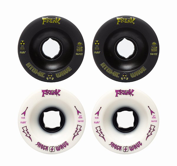 Freak SurfSkate | Roda para skate simulador 65mm | Combinção: 2 Atomic Wave 90a Preta e 2 Shock Wave 92a Branca