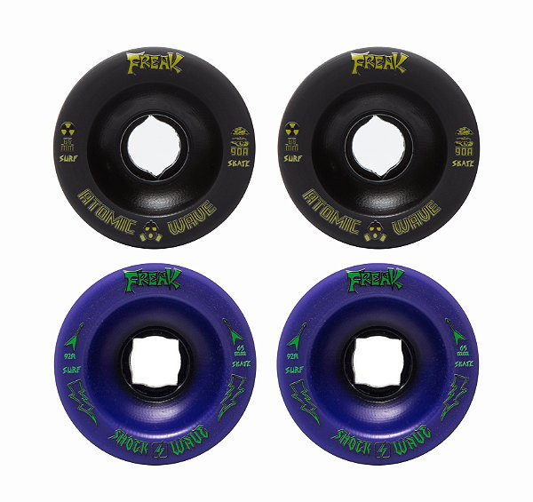 Rodas Freak | Roda para simulador de surf 65mm |Combinação: 2 Shock wave 92A Roxa e 2 Atomic wave 90A Preta