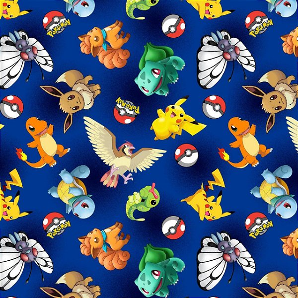 Tecido Microfibra Estampa Digital 0.50 cm - Pokémon Azul