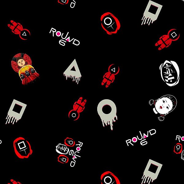 Tecido Gabardine Estampa Digital 5m - Round 6 fundo Preto Espalhadinho