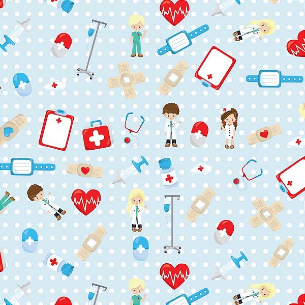 Tecido Oxfordine Estampa Digital 5m - Enfermagem com Fundo Azul