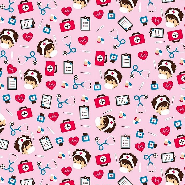 Tecido Oxfordine Estampa Digital 5m - Enfermagem com Fundo Rosa