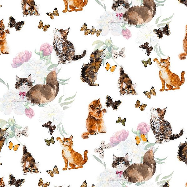 Tecido Oxfordine Estampa Digital 5m- Gatinhos borboleta