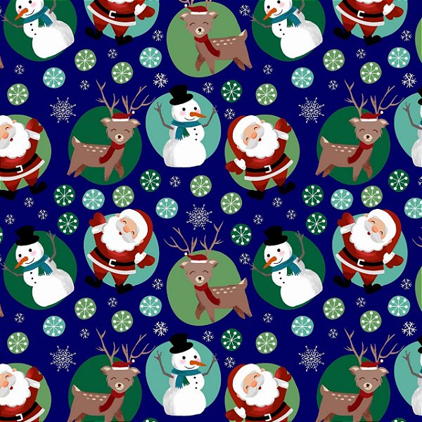 Tecido Microfibra Estampa Digital 0.50 cm - Natal papai noel fundo azul
