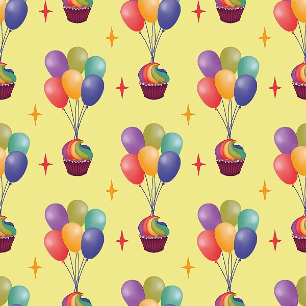 Tecido Microfibra Estampa Digital 0.50 cm - Aniversário, balões e cupcakes amarelo claro