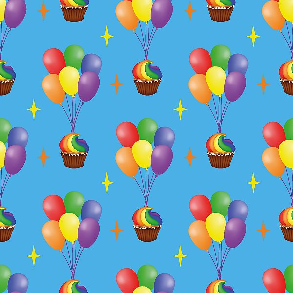 Tecido Microfibra Estampa Digital 0.50 cm - Aniversário, balões e cupcakes azul