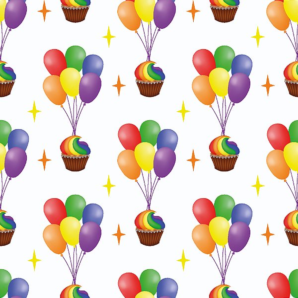 Tecido Microfibra Estampa Digital 0.50 cm - Aniversário, balões e cupcakes branco