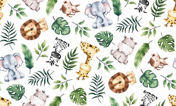 Tecido Microfibra Estampa Digital 0.50 cm - Safari Baby com Folhas Branco