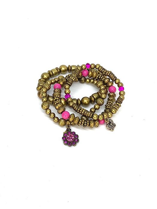 PULSEIRA 4V. DE ABS O. VELHO COM CRISTAL E RESINA PINK E PINGENTE FLOR