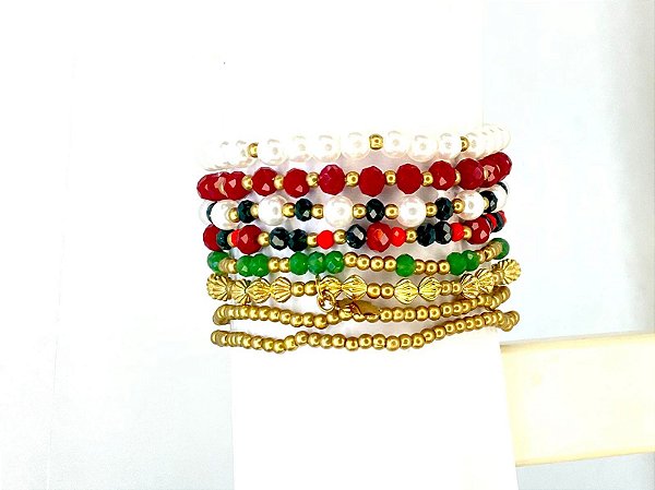 PULSEIRA 8V DE PÉROLAS CRISTAIS VINHO, VERDE, LARANJA, PEROLA E ABS O. VELHO