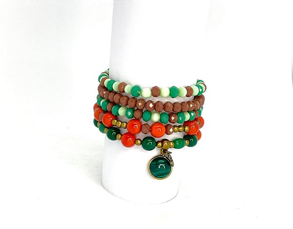 PULSEIRA 5V DE CRISTAIS E MURANOS LARANJA MARROM  E VERDE