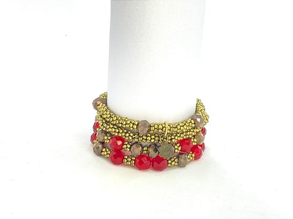 PULSEIRA 4V DE ABS O. VELHO COM CRISTAIS VERMELHOS E BRONZE