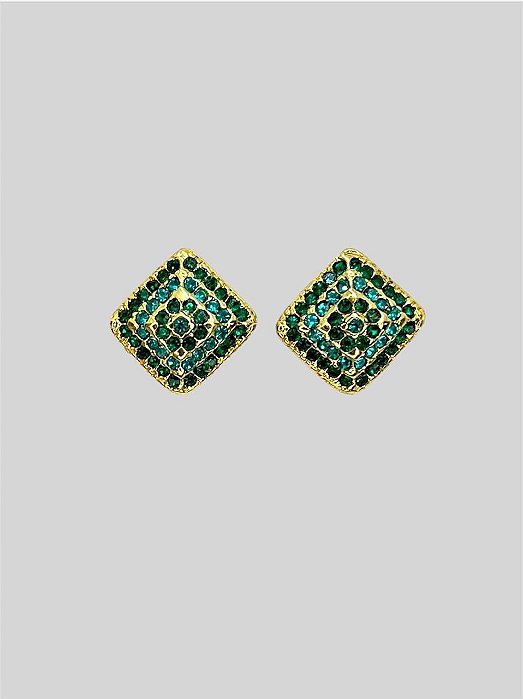 BRINCO PIRÂMIDE DOURADO COM STRASS EMERALD E BLUE ZIRCON