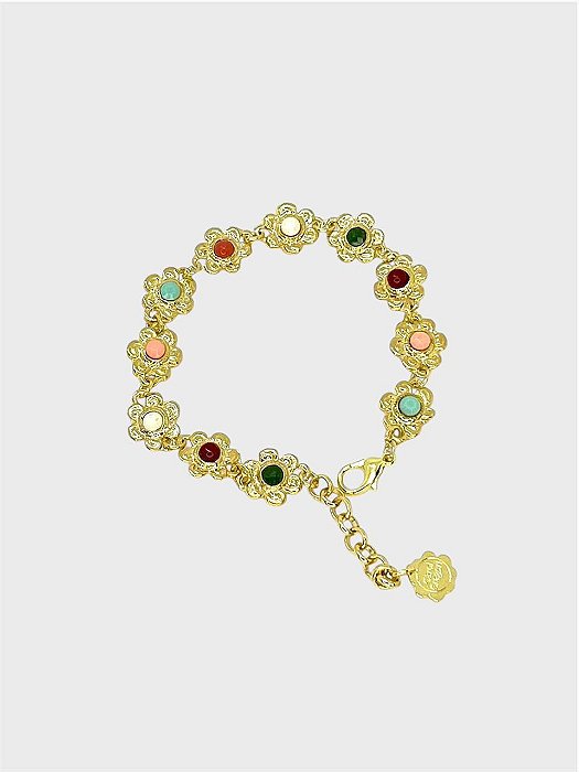 PULSEIRA 1V. DE FLORES DOURADAS COM CHATONS COLORIDOS