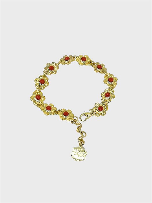 PULSEIRA 1V. DE FLORES DOURADAS COM CHATONS LARANJA