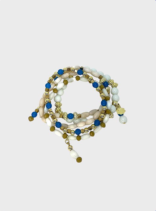 PULSEIRA 5V. DE OLHO DE GATO, ABS DOURADO E BOLAS DE PORCELANA BRANCA