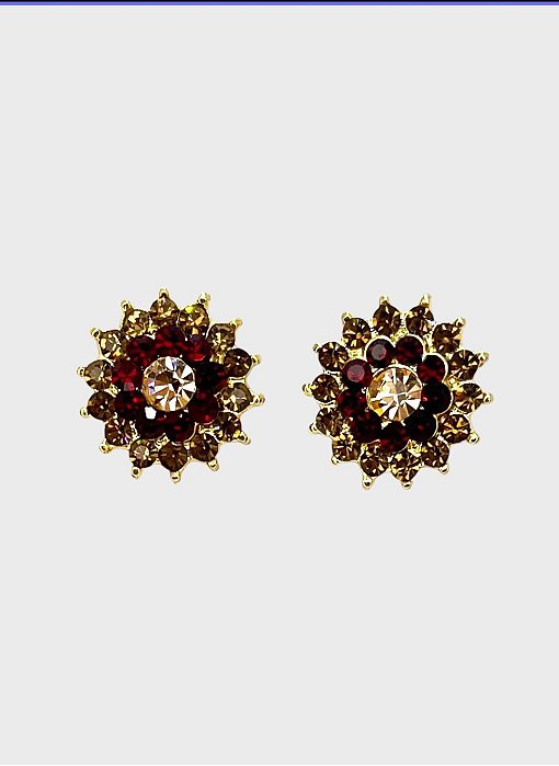 BRINCO DOURADO FLOR GRANDE COM STRASS MARROM E VERMELHO