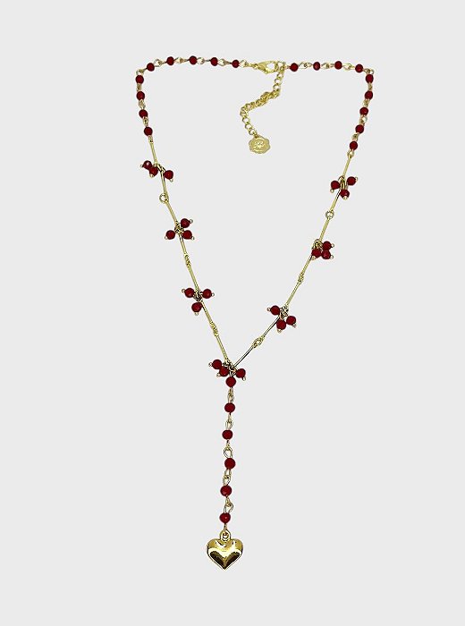 COLAR 1V. DE CRISTAIS VERMELHOS E PINGENTINHO DE CORAÇÃO DOURADO
