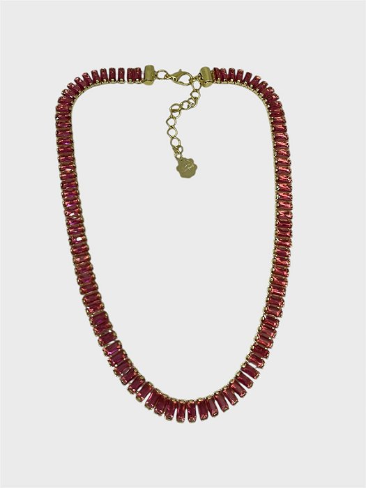 Chocker de zircônia baguete fúcsia com banho dourado