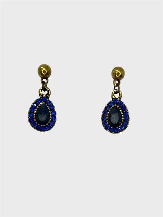 Brinco o. velho com pingente gota de strass azul