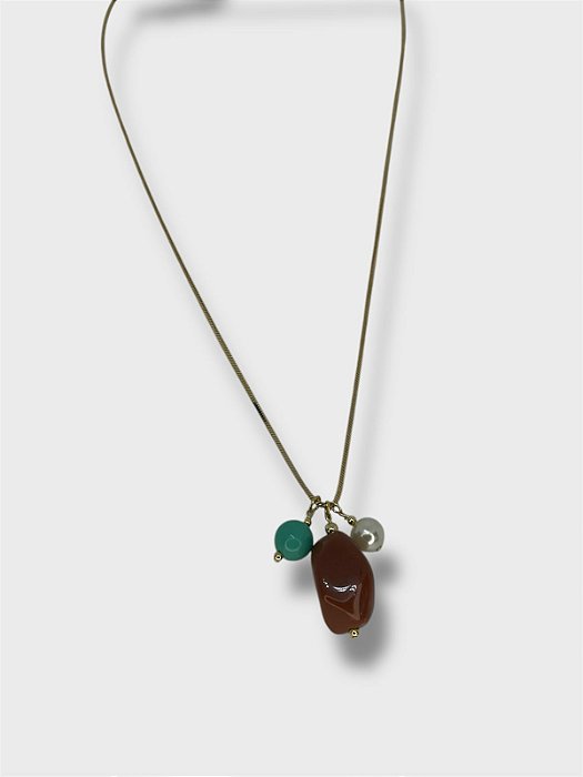 Colar 1v. dourado com pingente resina marrom e turquesa