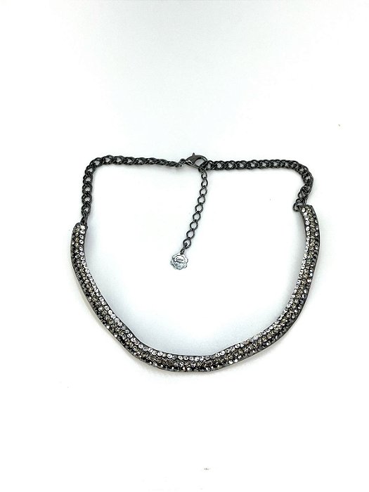 Colar aro ondulado grafite com strass cristal, black diamont e jet hematite