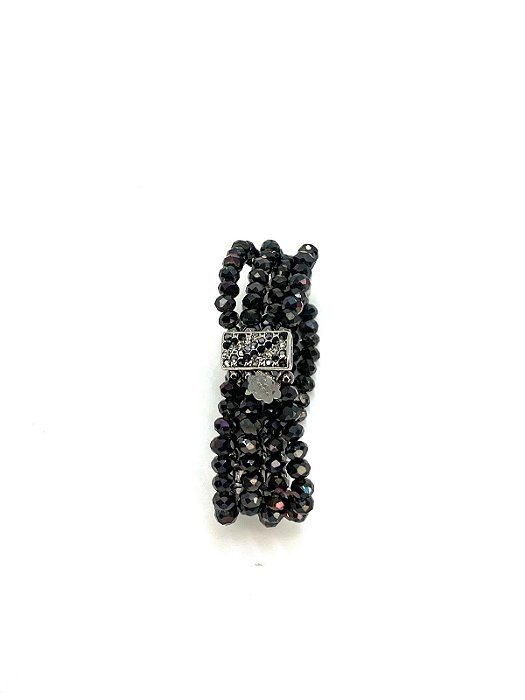 Pulseira 4v. de cristais pretos metalizado e peça com strass