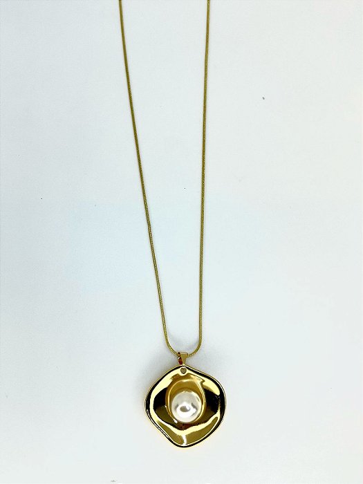 Colar 1v. de corr. rabo de rato e pingente dourado com pérola
