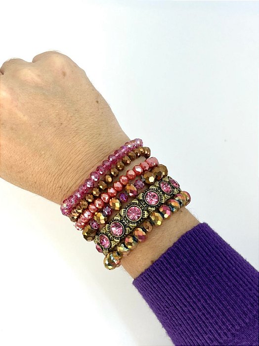 Pulseira 6v. de cristais dourados, fucsia e peças o. velho com strass