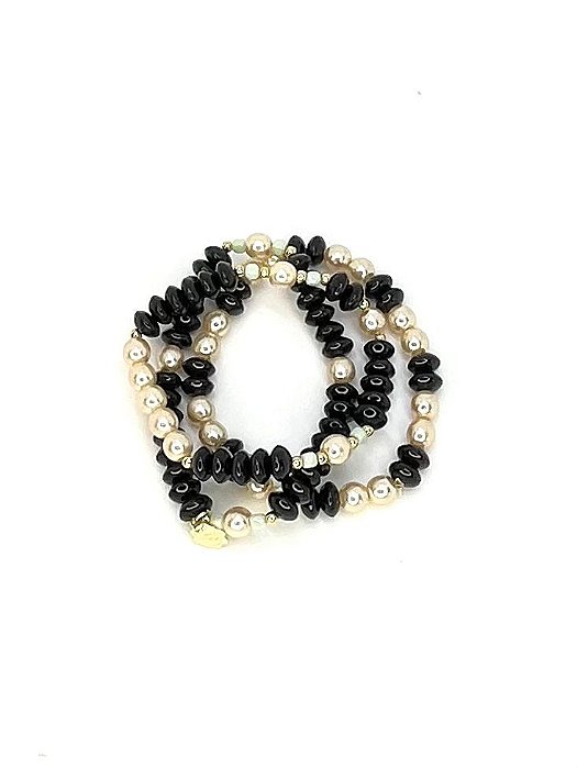 Pulseira 3v. de muranos pretos, perolas e bolinhas douradas
