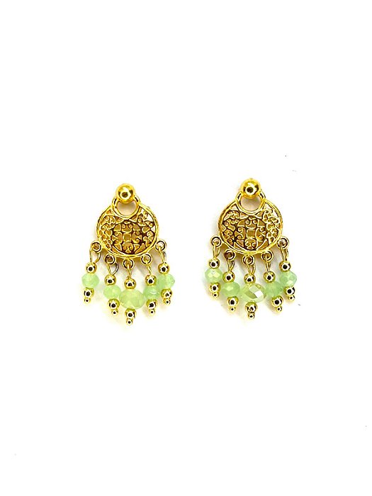 Brinco dourado com cristais verde claro e bolinha abs