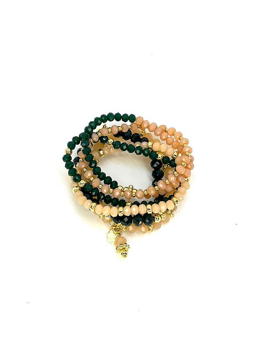 Pulseira 6v. de cristais pêssego e verde com abs dourado