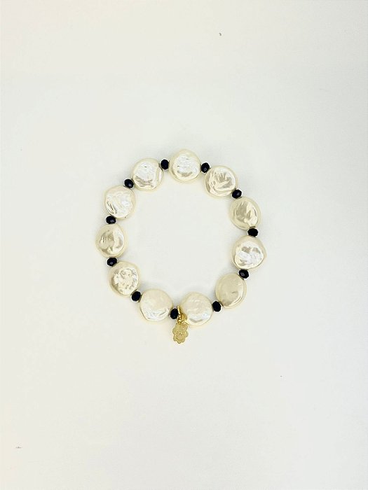 Pulseira 1v. de pérola achatada e cristal pequeno marinho
