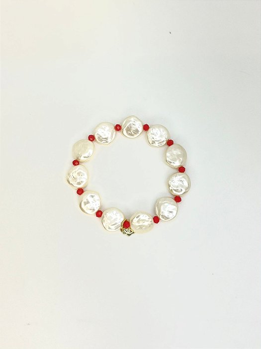 Pulseira 1v. de pérola achatada e cristal pequeno coral