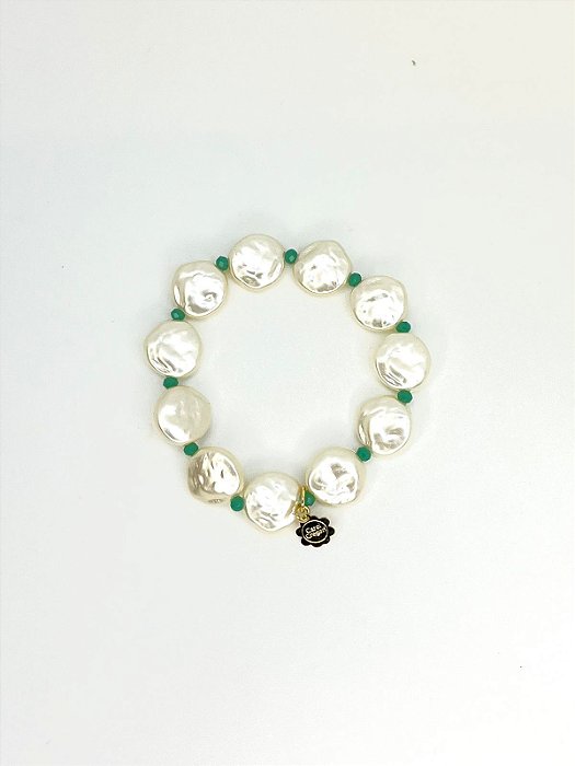Pulseira 1v. de pérola achatada e cristal pequeno turquesa