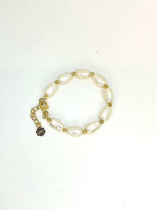 Pulseira 1v. de perolas abs barroca e cristal pequeno dourado