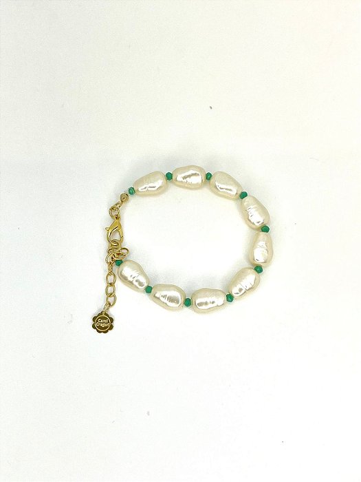 Pulseira 1v. de perolas abs barroca e cristal pequeno turquesa