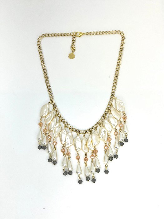 Colar 1v. curto dourado com perolas irregulares e cristais
