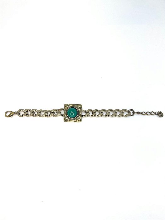 Pulseira 1v. de corrente o. velho com peça quadrada e chaton verde