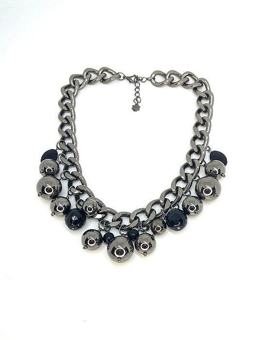 Colar 1v. curto, corrente grafite com bolas abs e cristal grande preto