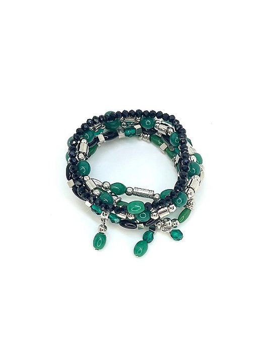 Pulseira 6v. de cristais, resinas e porcelanas verde e preto