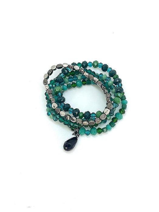 Pulseira 5v. de cristais verdes, abs grafite e niquel com gota de cristal preto