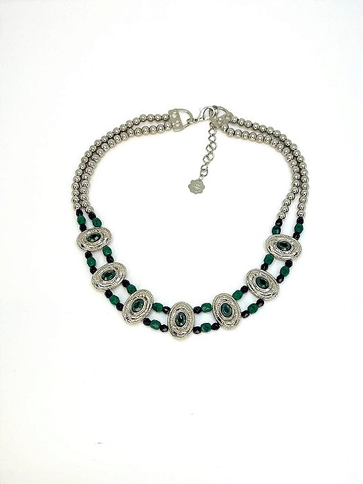 Chocker 2v. de bolinhas abs niquel e pç oval com cristais pretos e verdes
