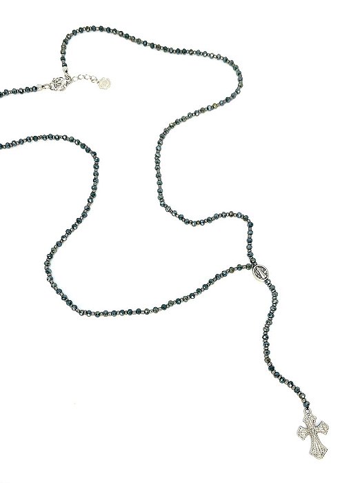 Colar 1v. tipo terço de minicritais azul met. e pingentes niquel