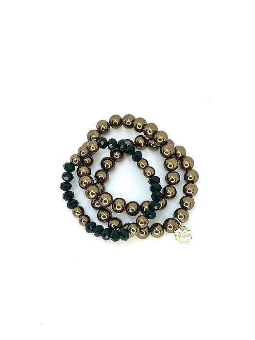 Pulseira 3v. de pérolas de vidro ouro velho com cristal verde