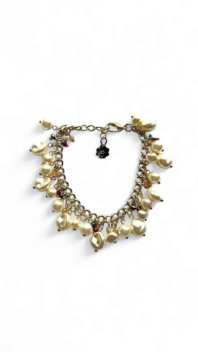 Pulseira 1v. de corr. dourada com pérolas e cristais coloridos