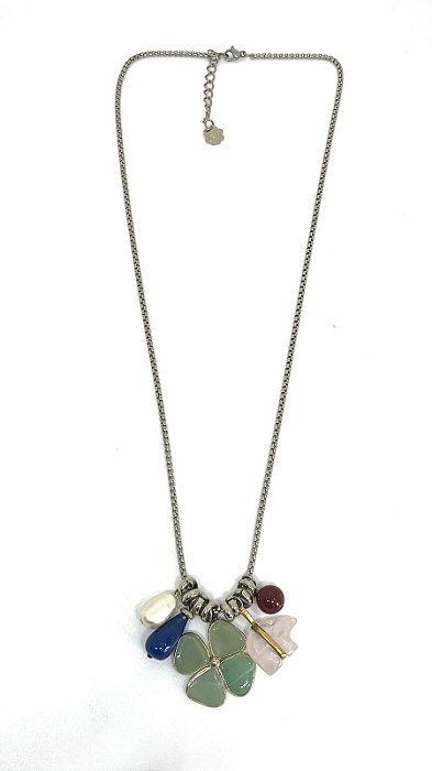 Colar 1v. corr. veneziana niquel e pingentes de pedras naturais