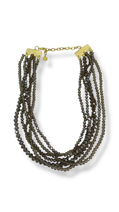 Colar 6v. curto de cristais fumê transparente e irisados